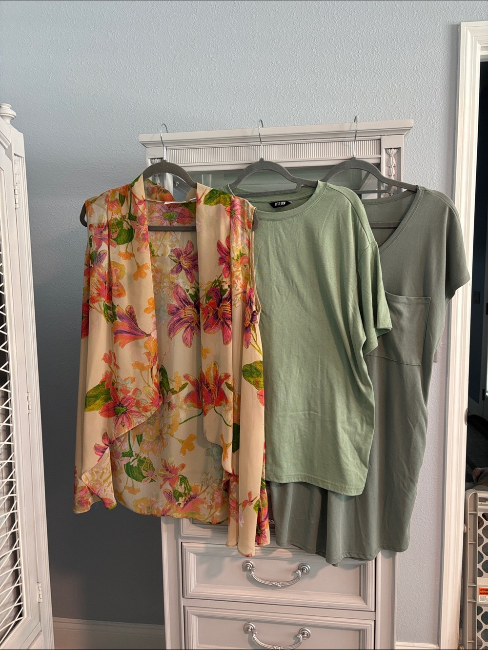 Women's Light Green Crewneck Tee and Sage V-Neck Dress with Floral Cream Overlay